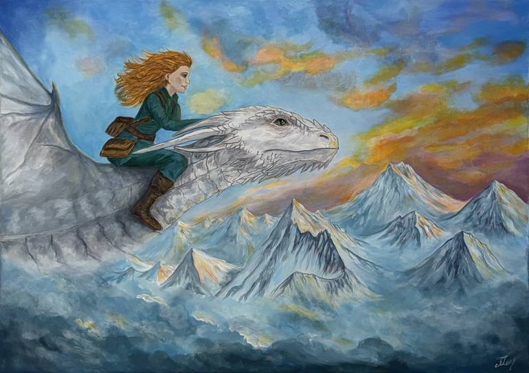 Girl and dragon over the mountains fantasy Painting by Marina Kukonos ...