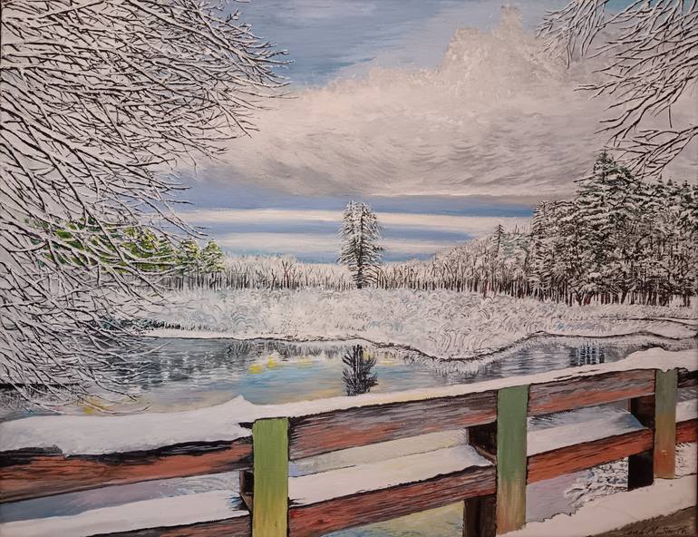 Original Landscape Painting by Leah Smith | Contemporary Art on Canvas | The Snowy Bridge - Lake Dennison