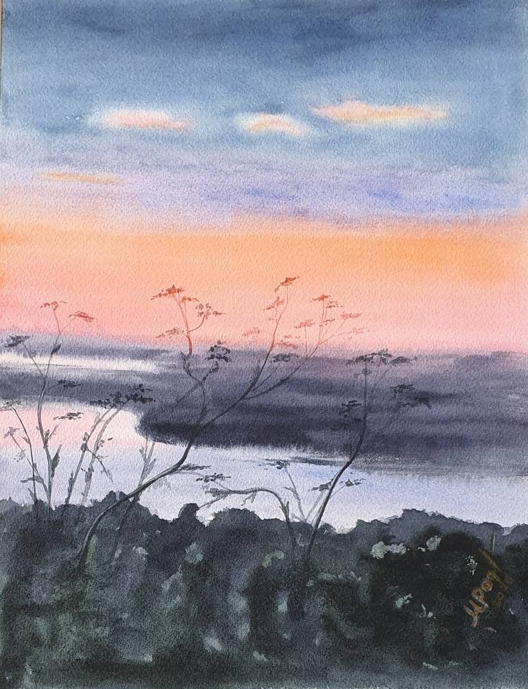 Original Nature Painting by Milarte - | Realism Art on Paper | Sunset over the river