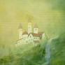 Dreamy green fantasy landscape with waterfalls