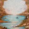 Dreamy lake scene with boats, swans, and birds