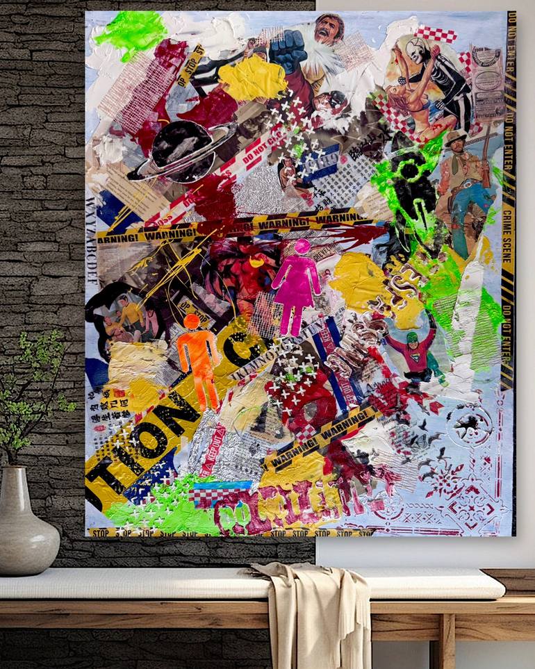 Original Abstract Painting by Ulas Bakir | Abstract Art on Hardboard | WARNINGS IN COLOR: A COLLAGE OF CHAOS, POWER AND MODERN SURVIVAL
