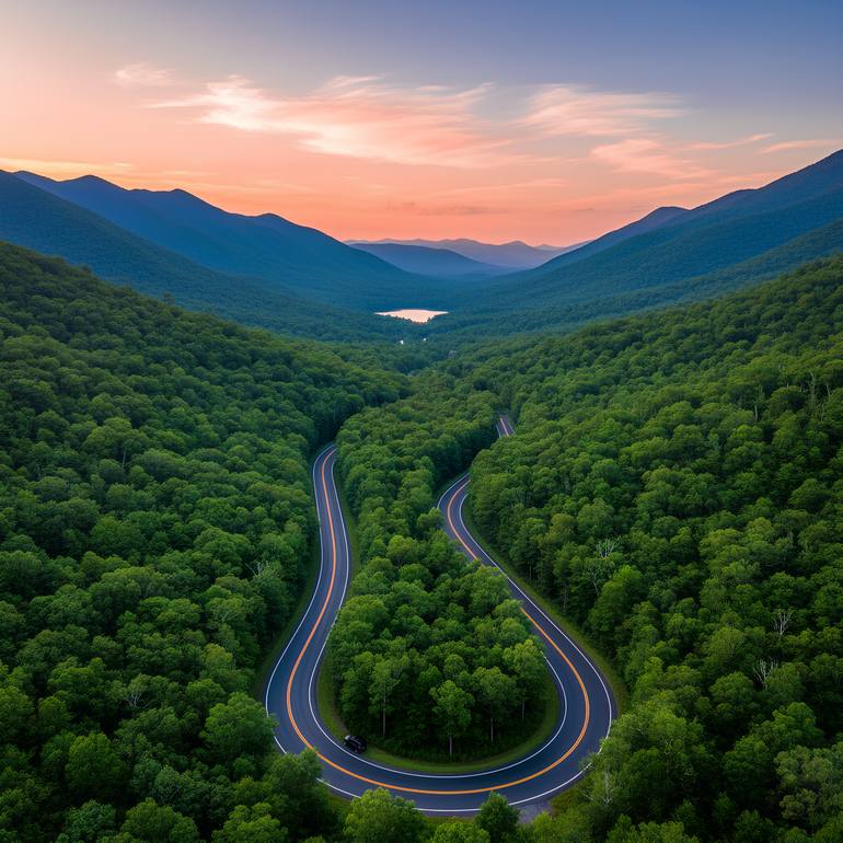 Original Nature Digital by Eid Taha | Art Deco Art on Canvas | Sunset Harmony on the Winding Road