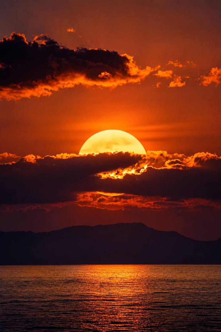 Original Sunset Digital by Eid Taha | Contemporary Art on Canvas | The Last Ember of the Sun - Imperial Sunset Over Horizon