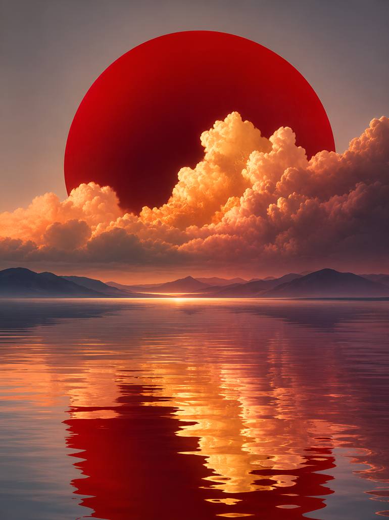 Original Sunset Digital by Eid Taha | Digital Art Art on Canvas | The Crimson Horizon Echoes of the Infinite Sun