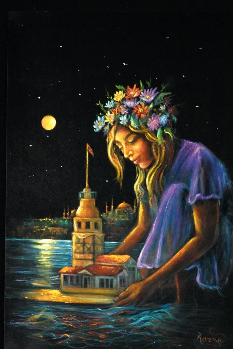 Original Women Painting by Raziye Cerit | Surrealism Art on Other | Girls of the Tower I