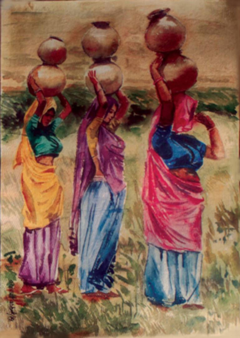 Village women carrying water pot Painting by Bidya Ashok | Saatchi Art