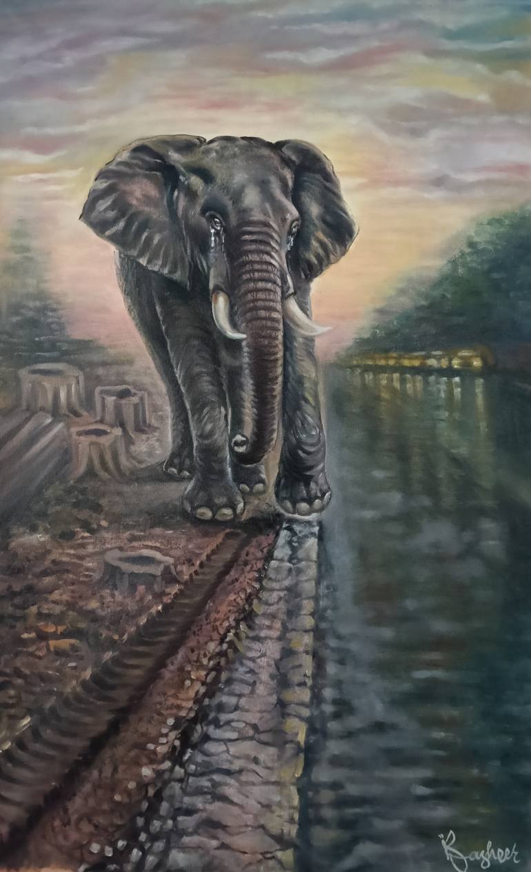 Original Wildlife Painting by Basheer Ahammed Pm | Figurative Art on Canvas | Tears of the Forest: The Silent Witness of Wayanad