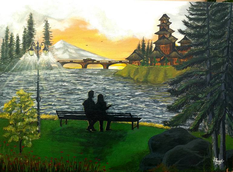 Original Love Painting by Dhanesh Krishna | Contemporary Art on Canvas | Lovers looking at the lake..