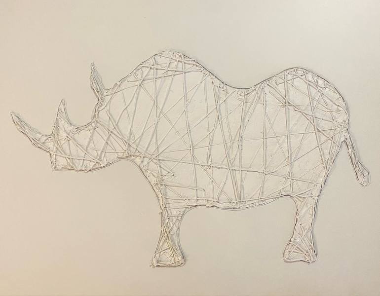 Original Animal Mixed Media by Nataliia Pylypenko | Minimalism Art on Wood | White Rhinoceros modern textured painting