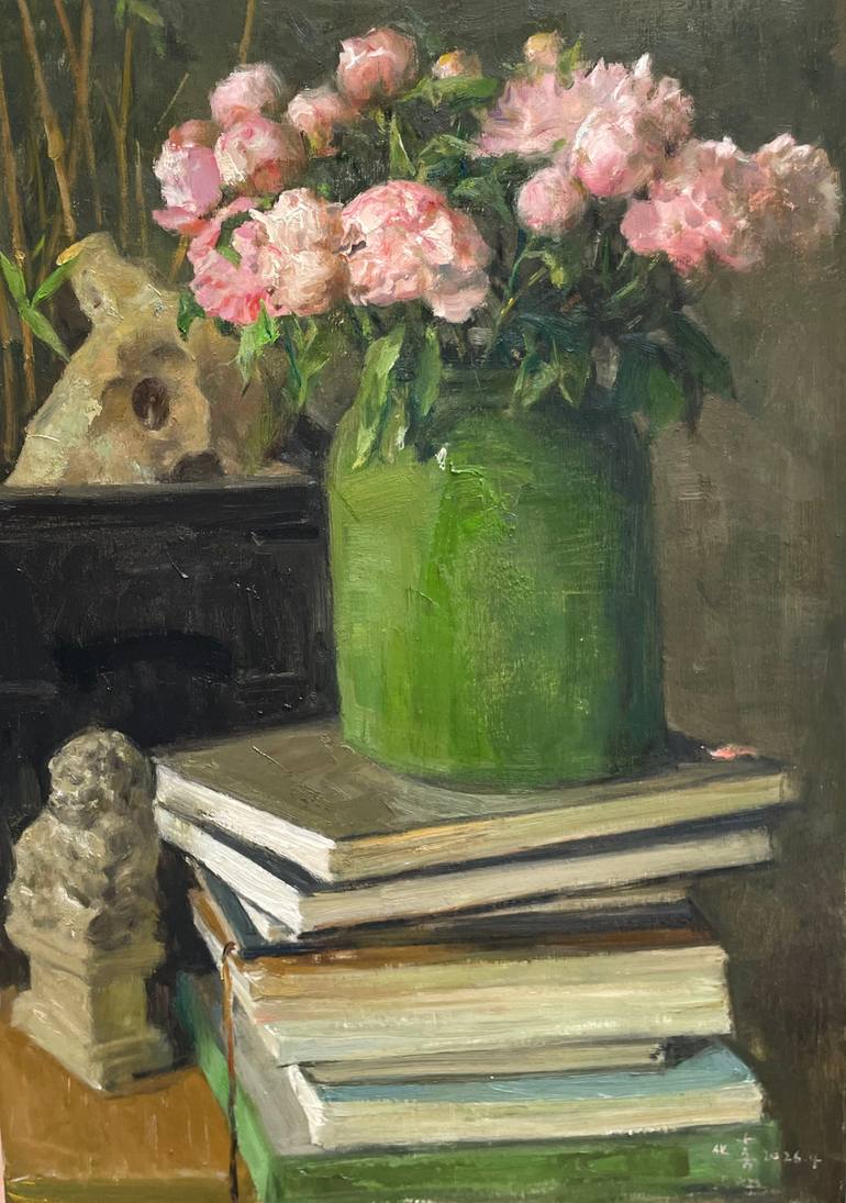 Original Floral Painting by Yeiateliery Yang | Neoclassicism Art on Canvas | Original oil painting of pink flowers and books.