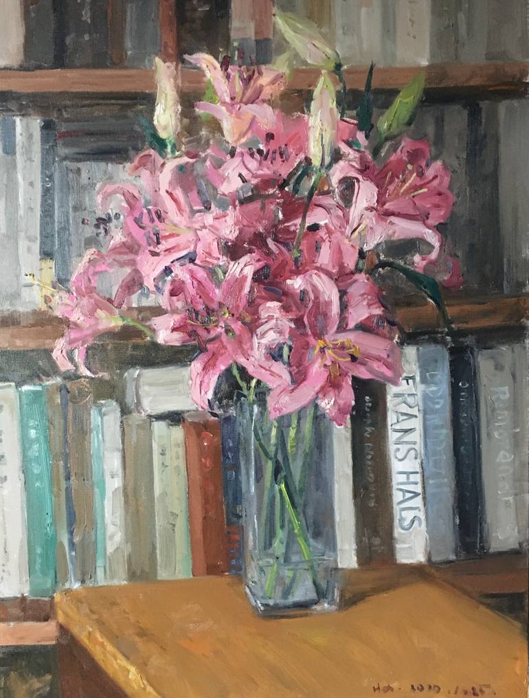 Original Floral Painting by Yeiateliery Yang | Classicism Art on Canvas | Floral still life with books and pink lilies.