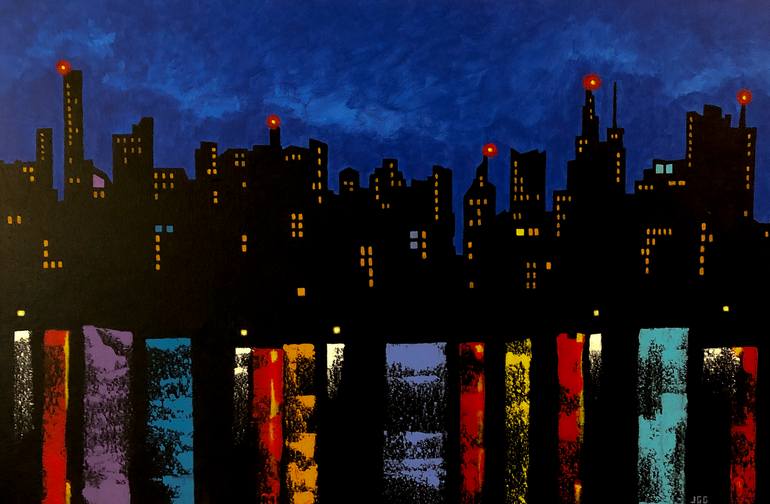 Original Cities Painting by Geoffrey Golson | Conceptual Art on Canvas | The Still of the Night