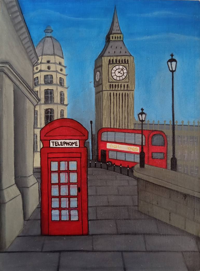 Original Famous Painting by Aleyna Sen  Art Deco Art on Mdf  London street charm small original acrylic painting