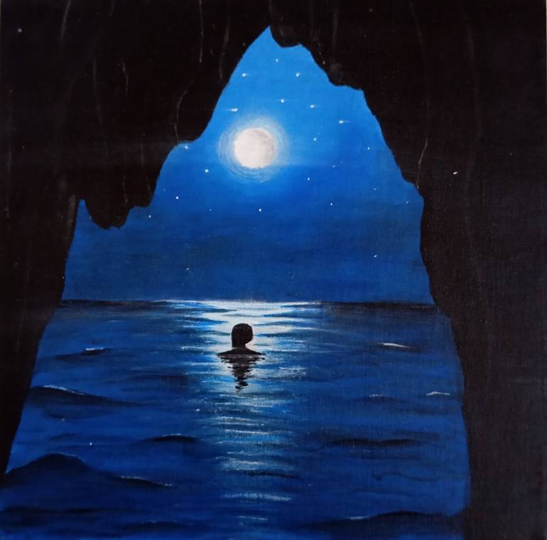Original Landscape Painting by Aleyna Sen | Realism Art on Canvas | Night Swim Under The Moon Small Painting