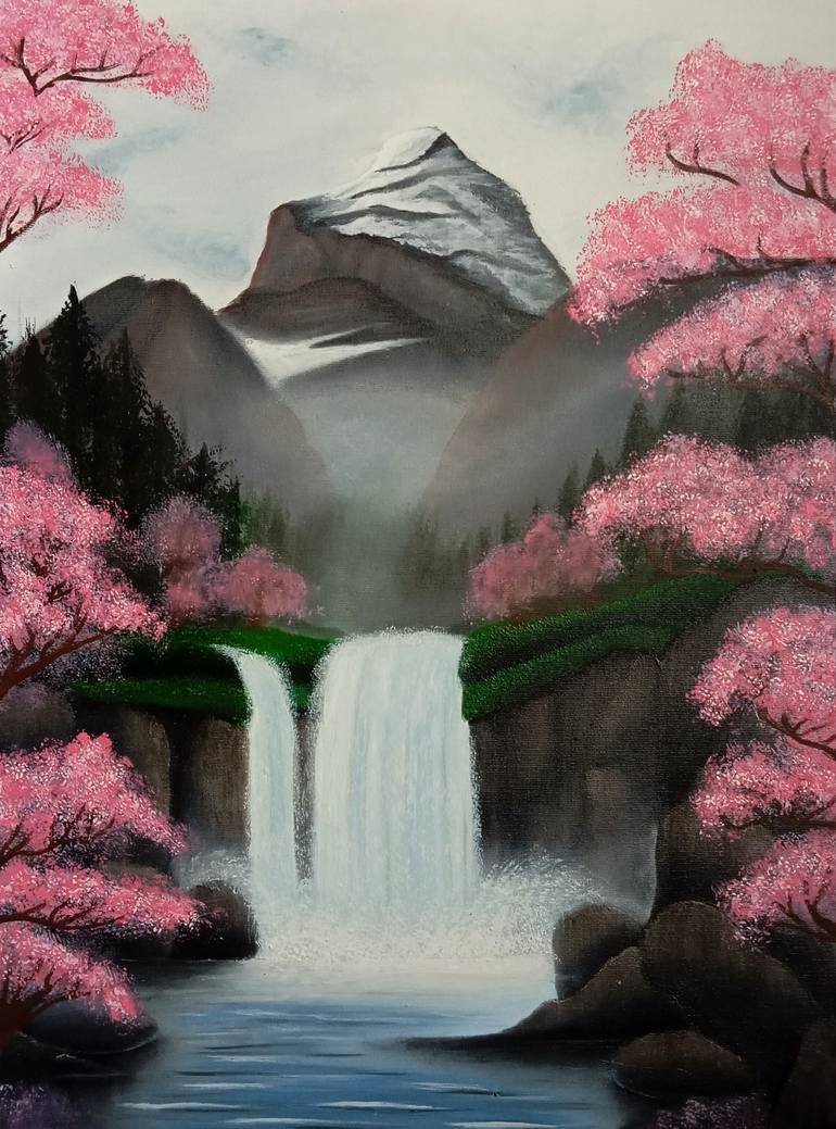 Original Landscape Painting by Aleyna Sen | Realism Art on Canvas | Cherry Blossom Mountain Waterfall