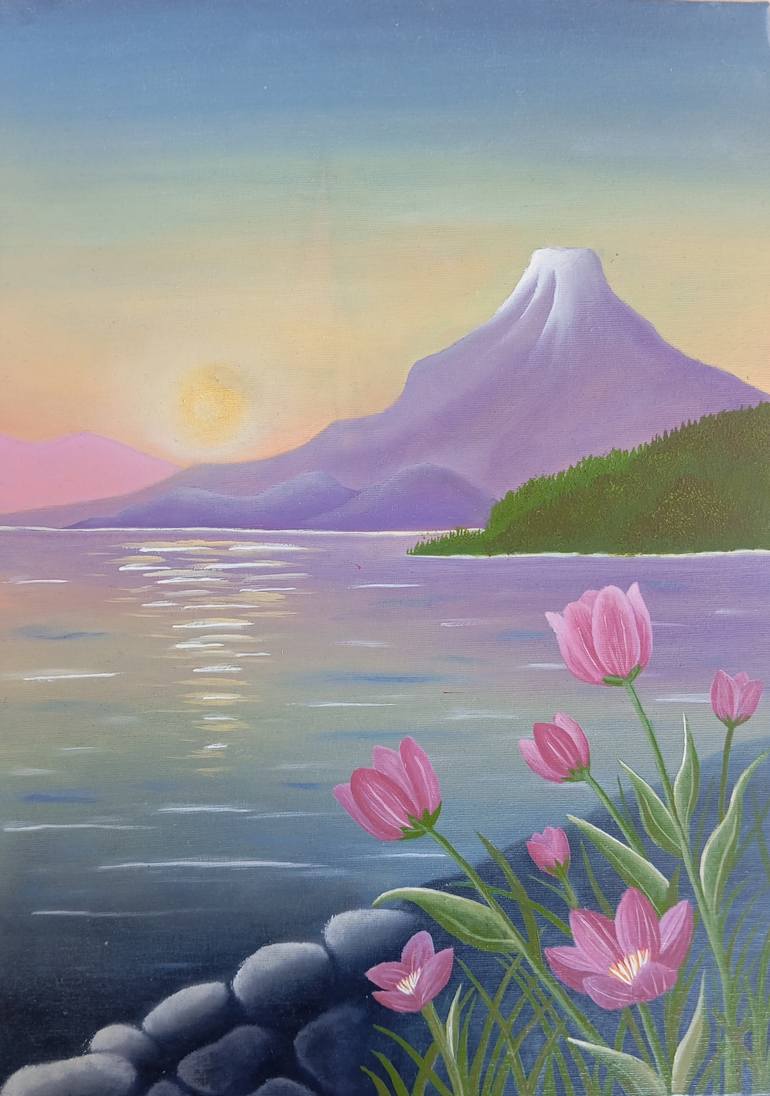 Original Landscape Painting by Aleyna Sen | Abstract Art on Canvas | The Dreamy Lake at Sunset