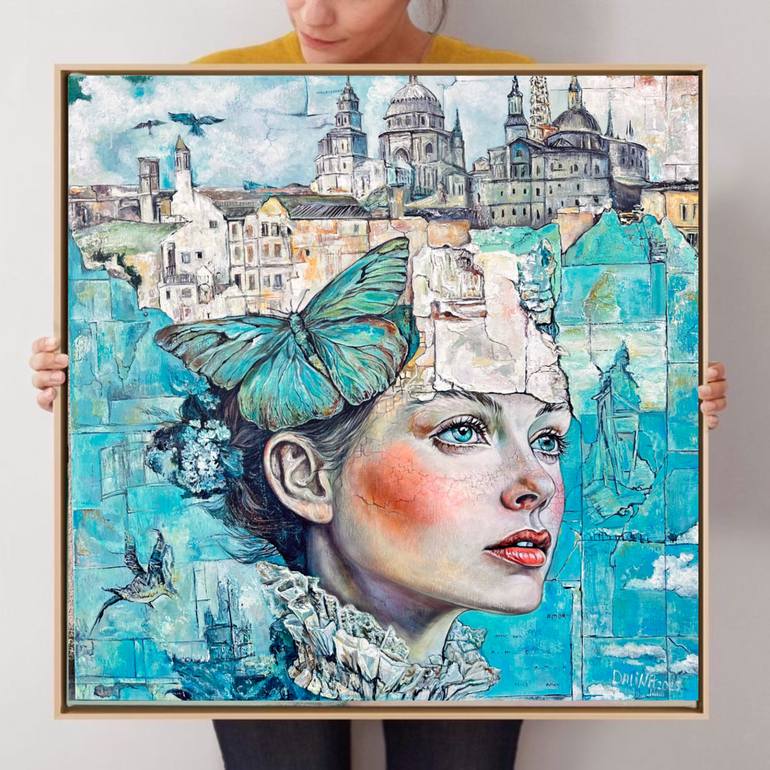 Original Architecture Painting by Alina Demianchuk | Art Deco Art on Canvas | Portrait of vintage woman with butterfly and landscape