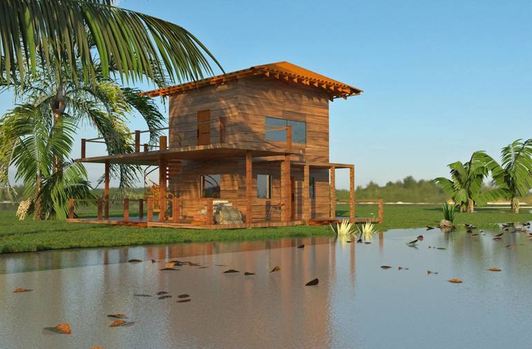 Original Landscape Digital by Paulo Vitor | Digital Art Art on Paper | A cabin by the lake