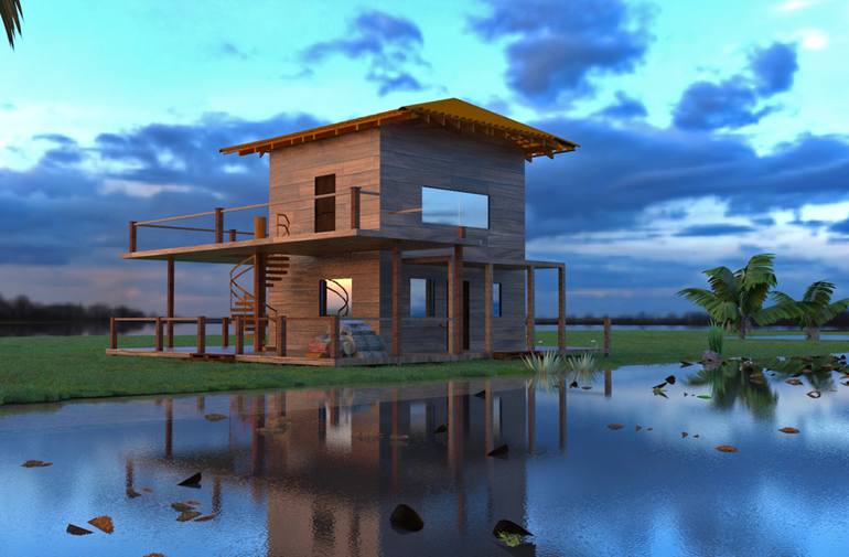 Original Landscape Digital by Paulo Vitor | Digital Art Art on Paper | A cabin by the lake at twilight