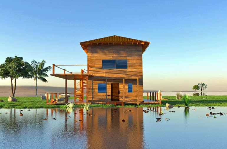 Original Landscape Digital by Paulo Vitor | Digital Art Art on Paper | The cabin by the lake at midday day