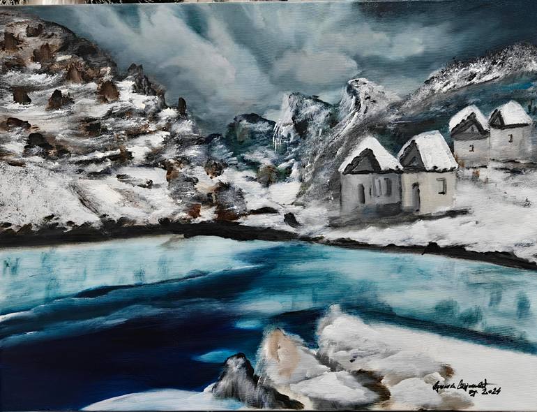 Original Landscape Painting by Dusanka Stojinovic | Realism Art on Canvas | On the Frozen Lake ''Acrylic on canvas''