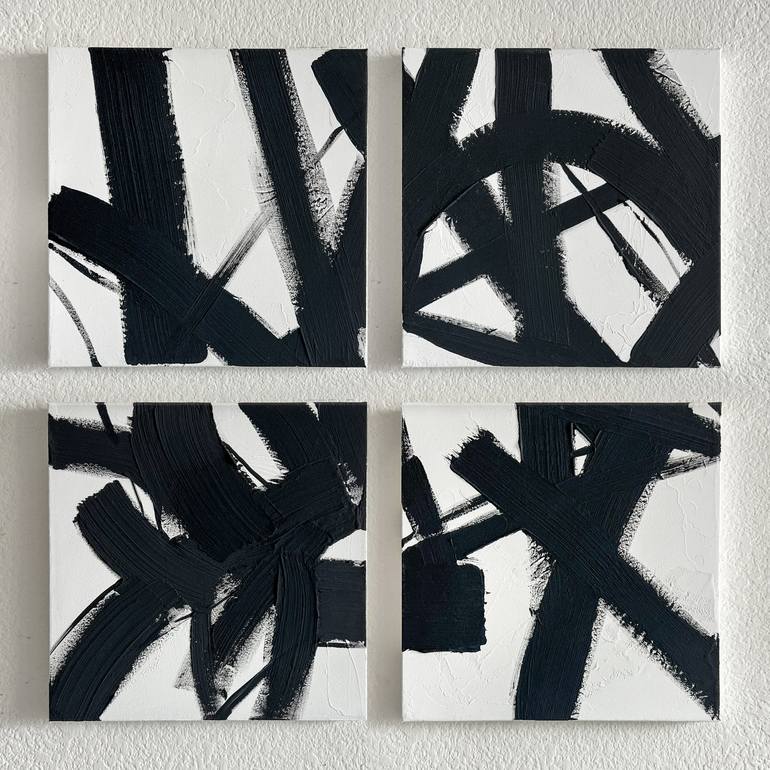 Original Abstract Painting by Livna Project | Abstract Art on Canvas | "Graphic Rhythm" Contemporary Abstract Acrylic Artwork, Set of 4