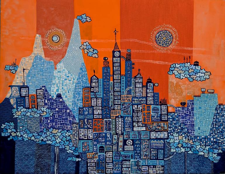 Original Cities Painting by Sethantes X | Abstract Art on Wood | Mystic Civ #15