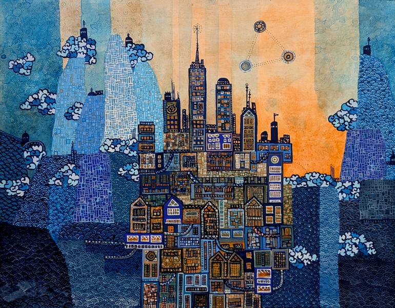Original Cities Painting by Sethantes X | Abstract Art on Wood | Mystic Civ #3