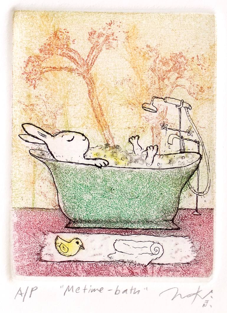 Original Animal Printmaking by Mariko Kuzumi  Minimalism Art on Paper  Me time  bath