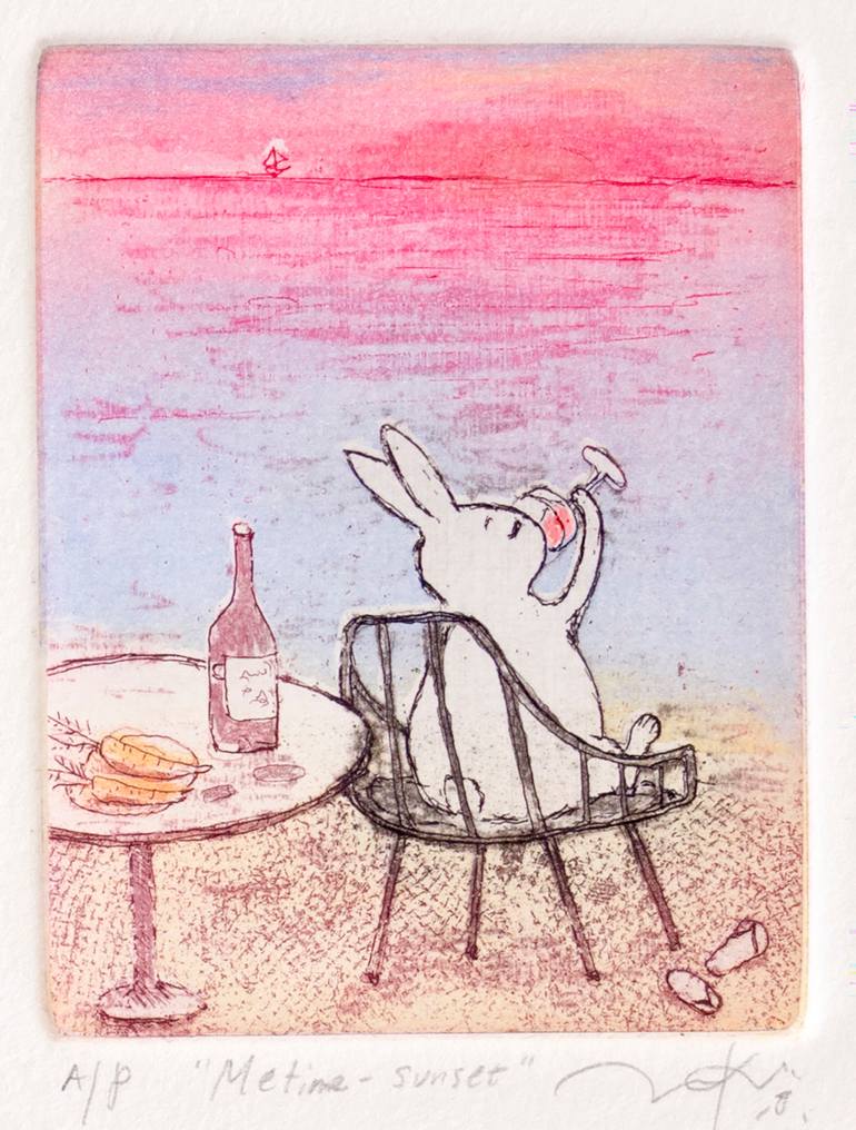 Original Animal Printmaking by Mariko Kuzumi  Minimalism Art on Paper  Me time  sunset