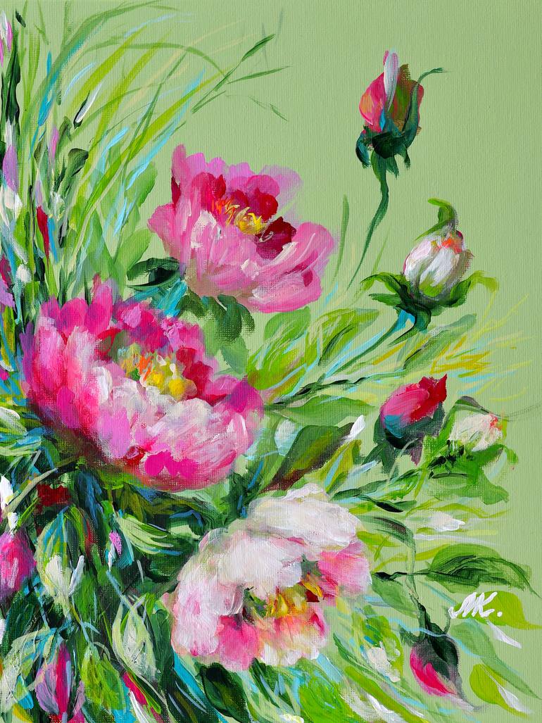 Original Floral Painting by Marina Kozyr | Impressionism Art on Canvas | Pink Garden Blooms on Green - Contemporary Botanical