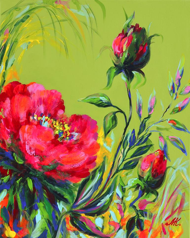 Original Floral Painting by Marina Kozyr | Impressionism Art on Canvas | Pink Bloom and Buds on Spring Green - Contemporary Floral