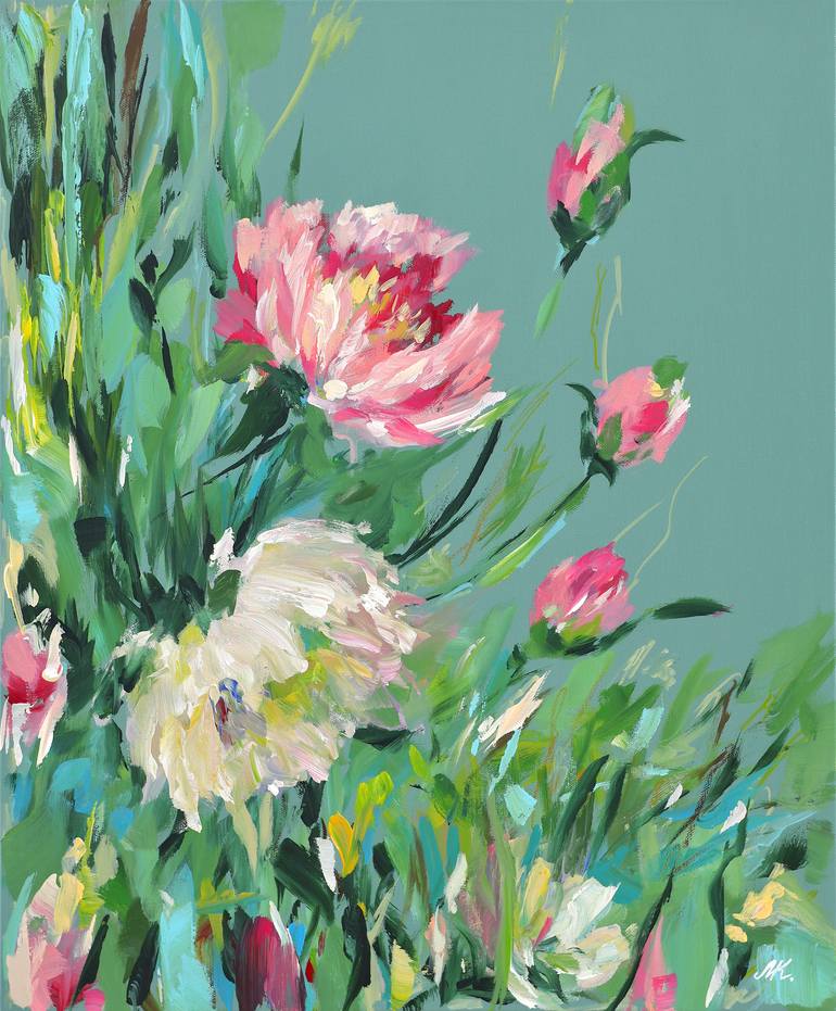 Original Floral Painting by Marina Kozyr | Impressionism Art on Canvas | Soft Pink Garden Flowers on Soft Green - Contemporary Flowers