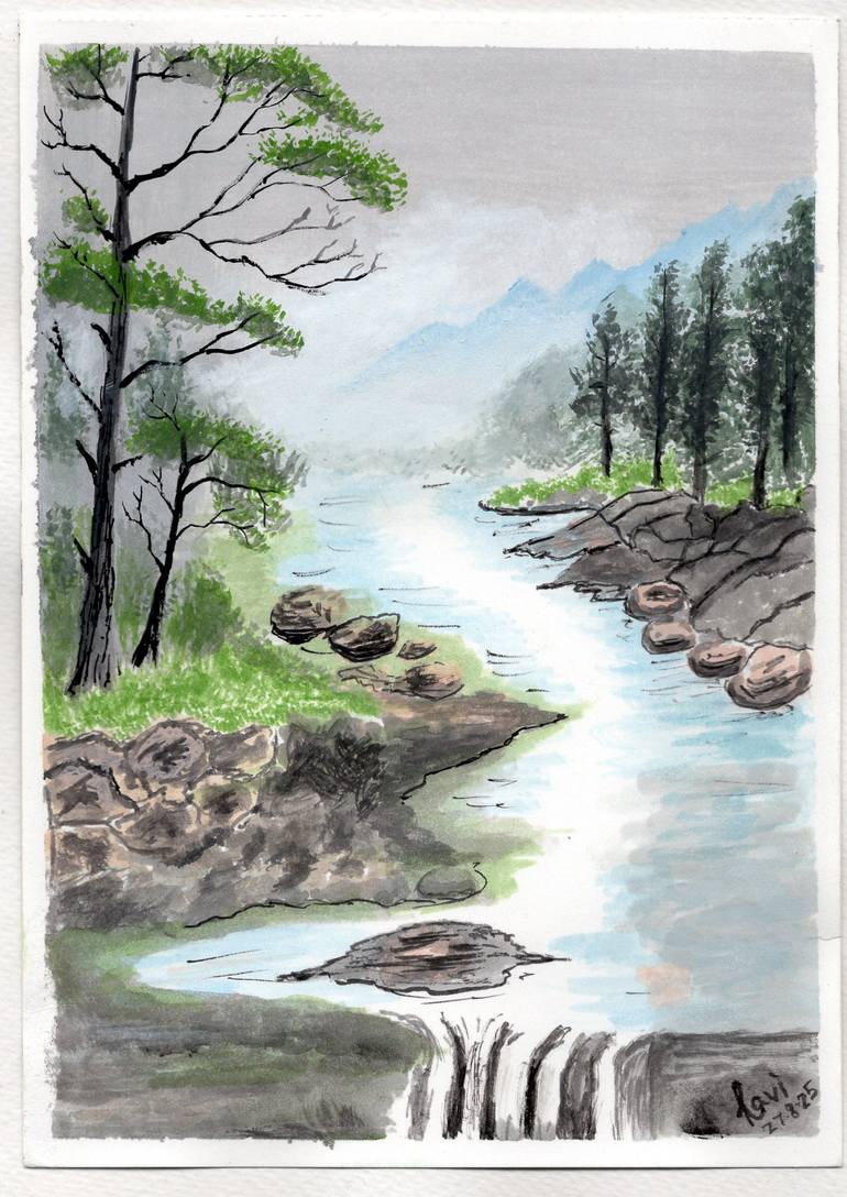 Original Landscape Painting by Ravikumar Devlekar  Illustration Art on Paper  Landscape painting