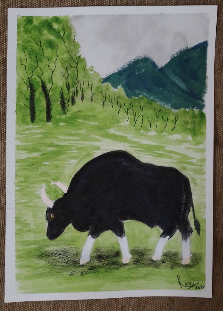 Gaur Collection The great Indian Gaur Painting by Ravikumar Devlekar | Saatchi Art