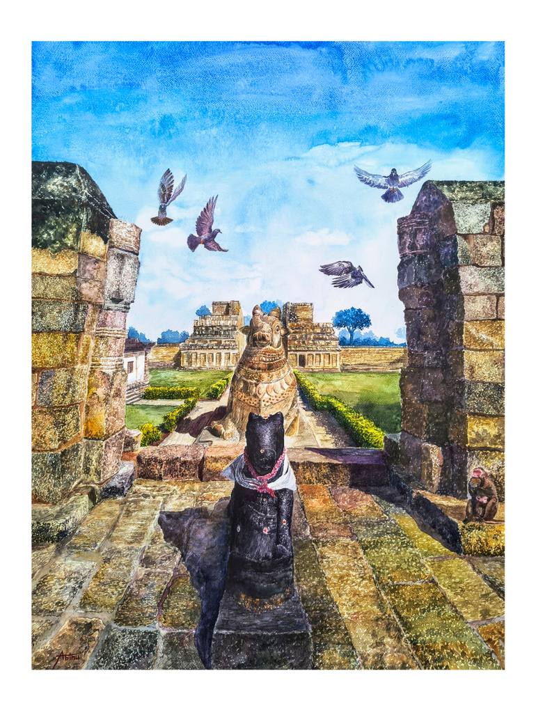 Original Architecture Painting by Abinu J | Realism Art on Paper | STONE AND SILENCE