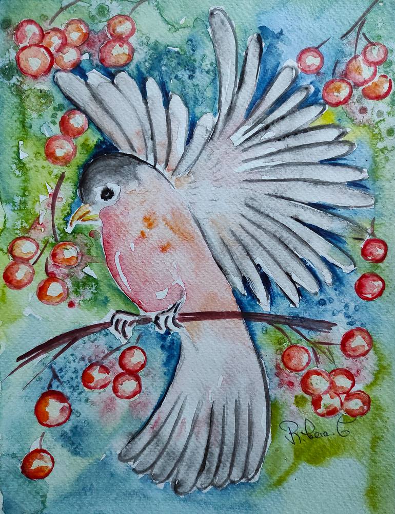 Original Animal Painting by Corinne Ribera  Illustration Art on Paper  Bullfinch original watercolor painting wall art