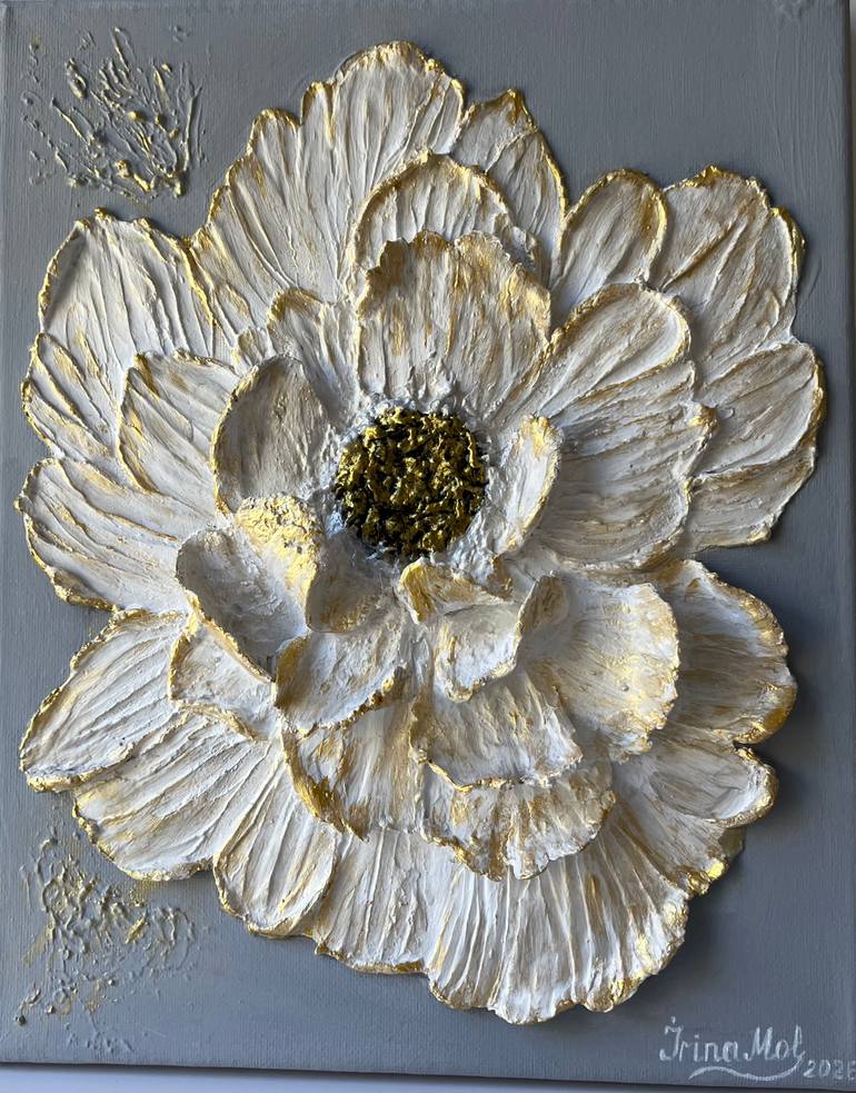 Original Floral Painting by Irina Moldovanova | Expressionism Art on Canvas | Gold & White: Bas-Relief Floral Study