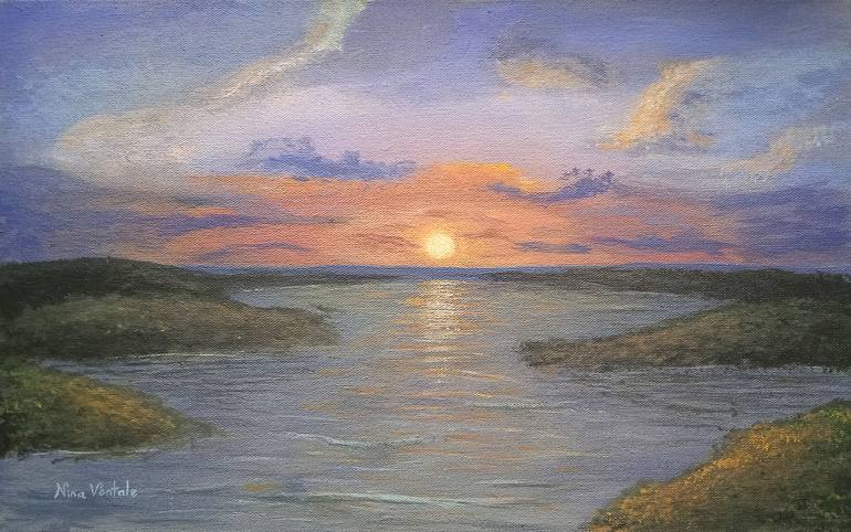 Original Sunset Painting by Nina Vontale | Realism Art on Canvas | Sunset on the Lake