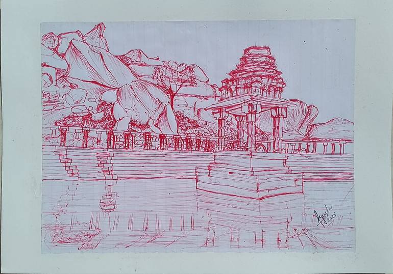 Original Architecture Drawing by Ayush Kumar | Realism Art on Paper | Pen-and-ink drawing of a temple at Hampi.