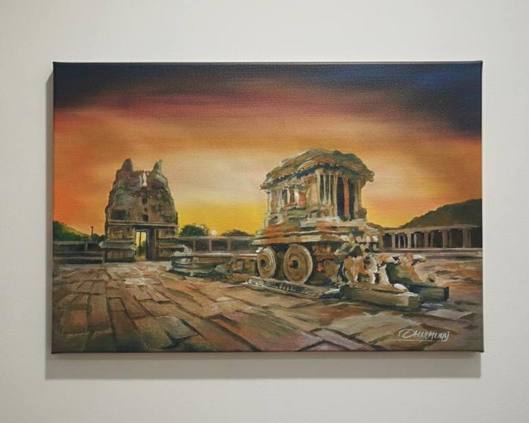 Original Sunrise Painting by T Dharma Raj | Realism Art on Canvas | Sunset at the Stone Chariot - Hampi
