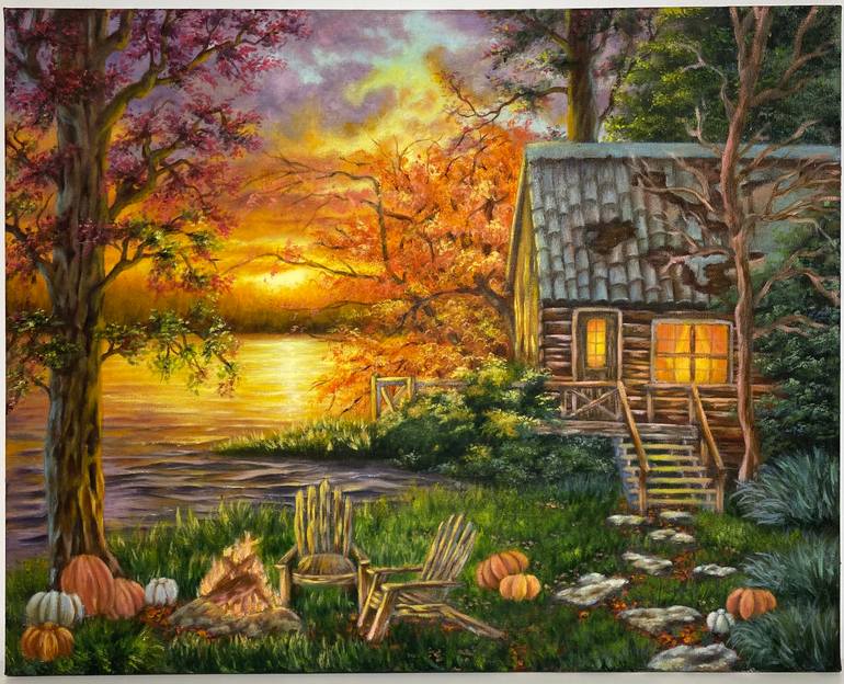 Original Landscape Painting by Maymona Alhamedi | Realism Art on Canvas | Pumpkins by the Lake