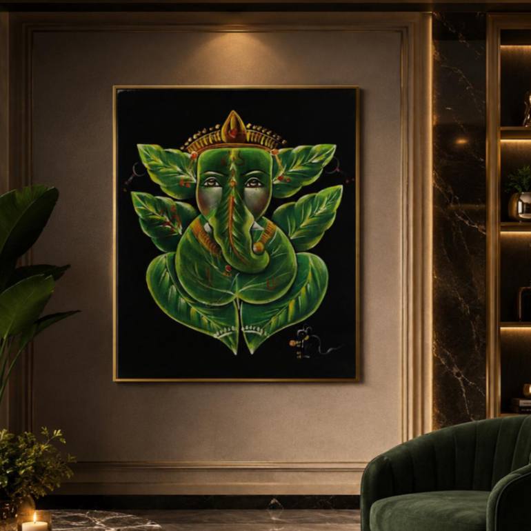 Original Other Painting by Shelly Creations | Art Deco Art on Fabric | Green Leaf Ganesha Painting, Nature Inspired Lord Ganesh Wall Art