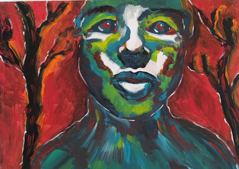 Original People Painting by Roberto Delpui | Figurative Art on Canvas | Guardian of the Crimson Woods