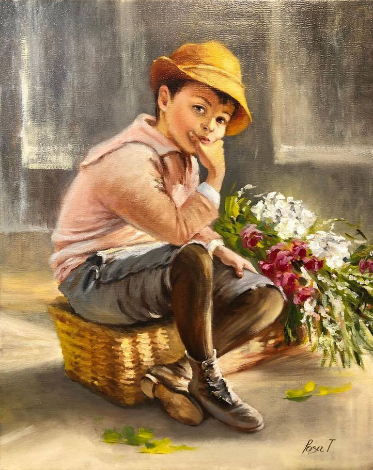 Original Children Painting by Tatiana Rykova | Classicism Art on Canvas | The little flower seller