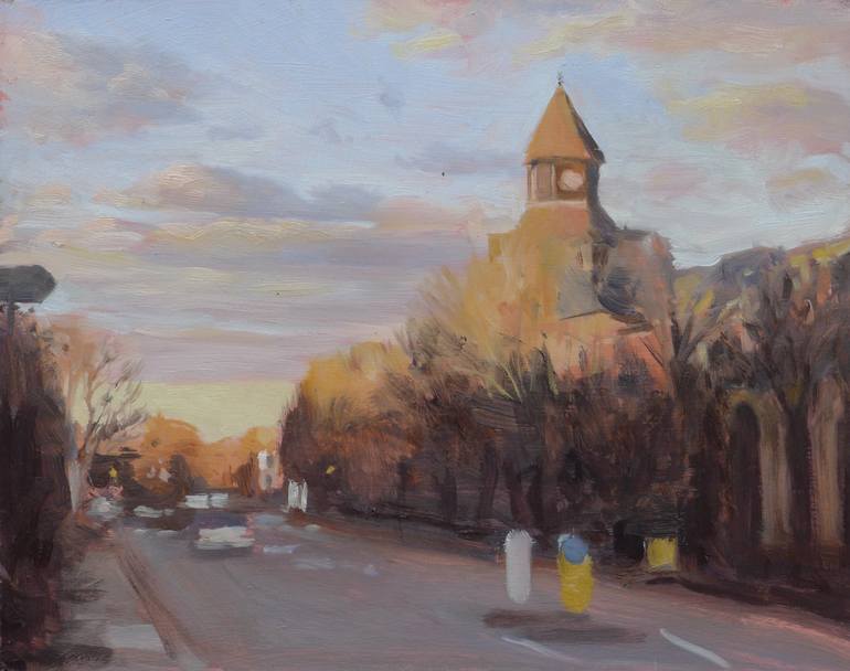 Original Landscape Painting by Martin Norris | Figurative Art on Hardboard | The Spires at sunset