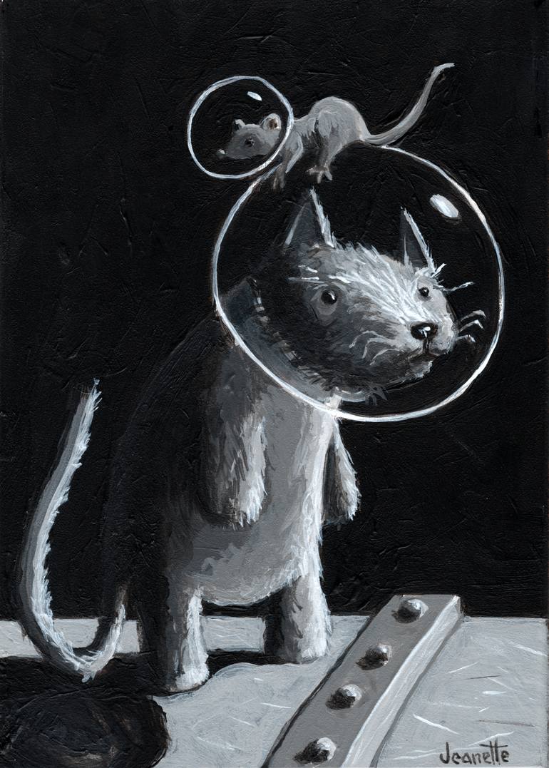 Original Cats Painting by Jeanette Hitchcock | Black & White Art on Hardboard | Space Cats