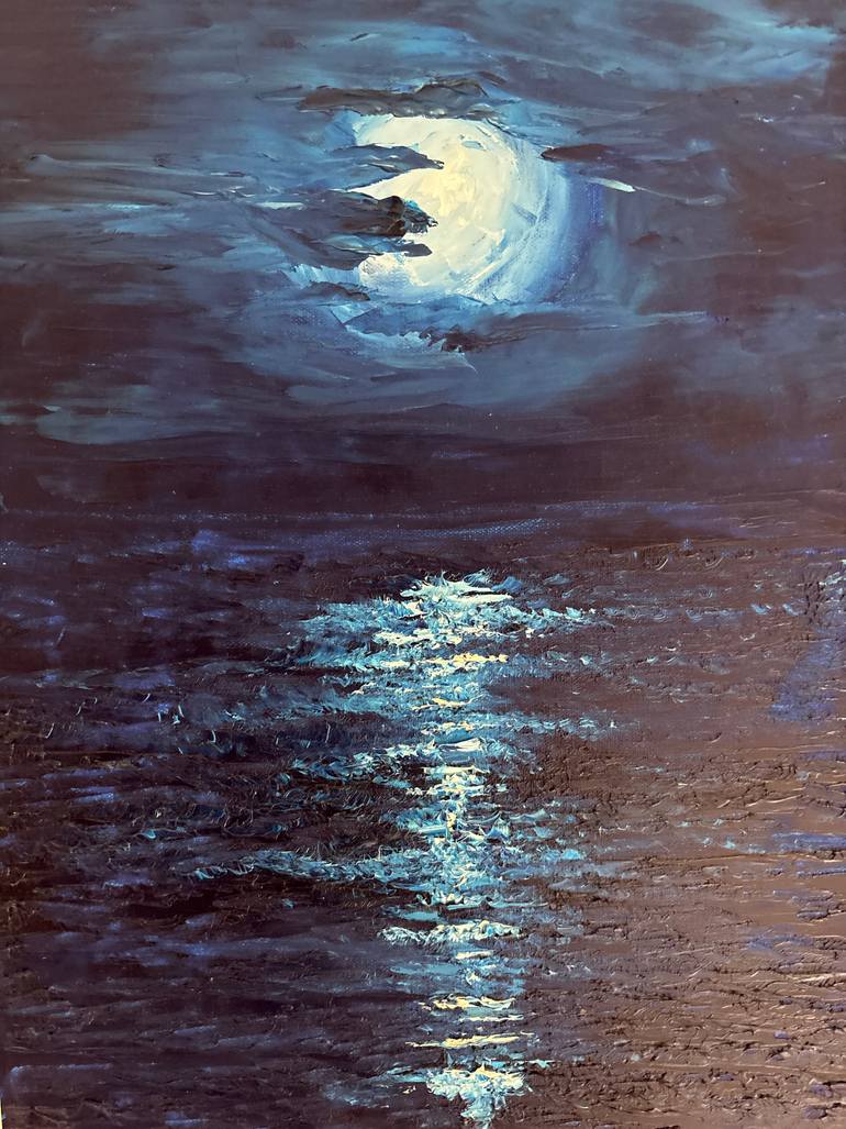 Original Seascape Painting by Federico Fritz Zanellato | Impressionism Art on Canvas | Cloudy night in the sea