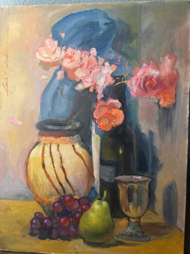 Original Still Life Painting by Anna Hutsul | Classicism Art on Canvas | A rose- wine romance